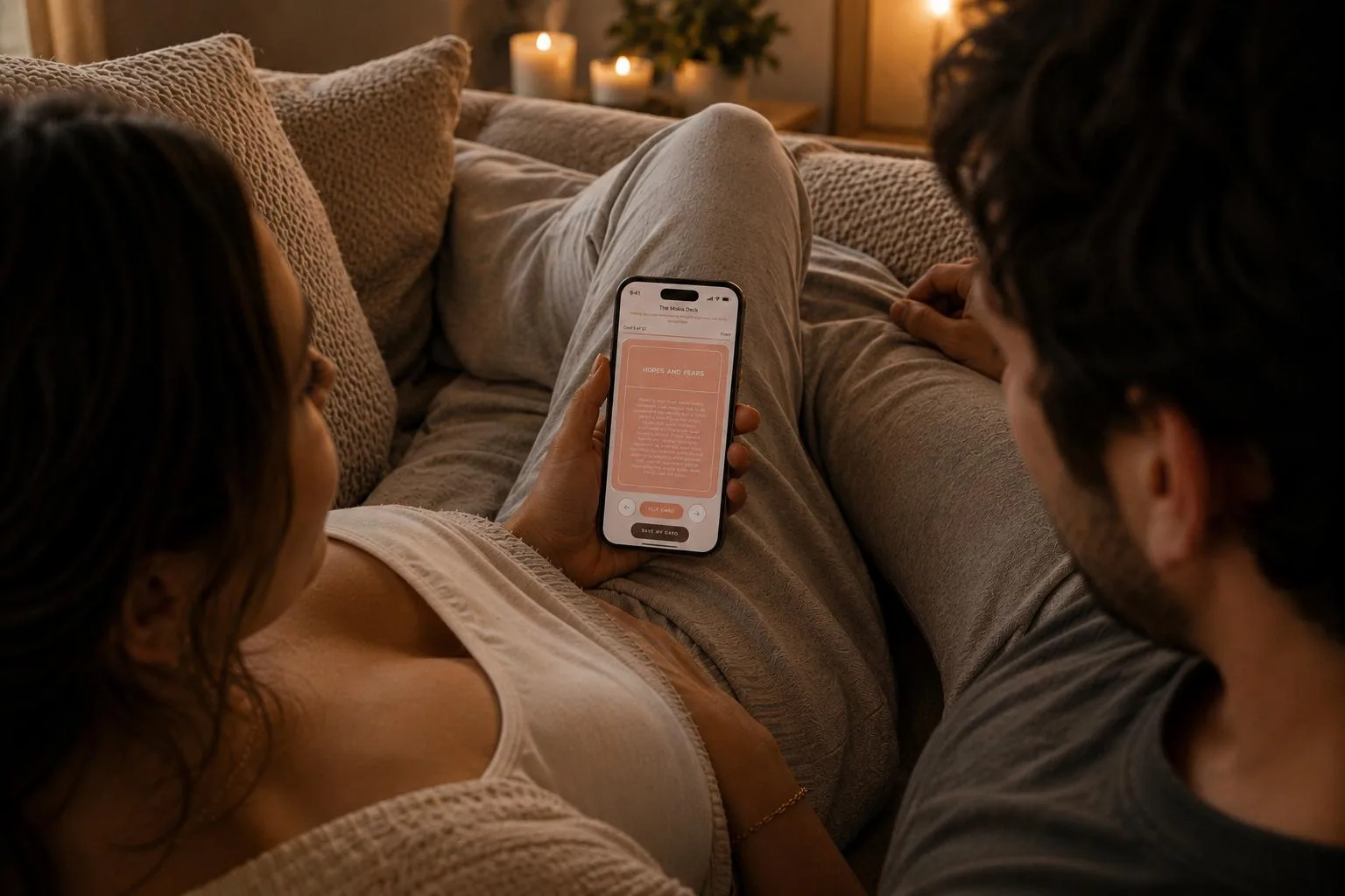 Pregnant couple cuddled together on the sofa, reading a card from the Makia Deck on her phone