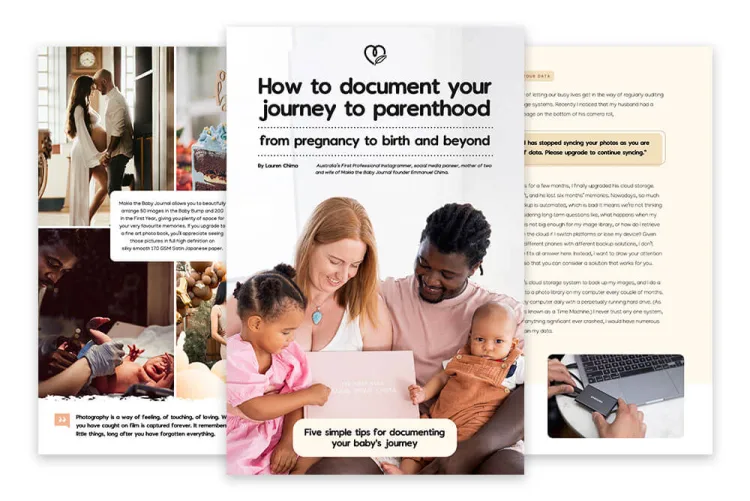 Three sample spreads from Makia's free guide to documenting pregnancy and baby's first year.