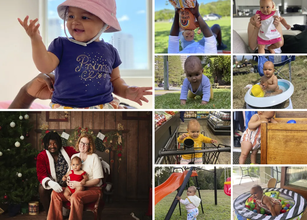 The Month Eight photo page: a grid of ten photos of the baby, including in a sun hat, with her parents at Christmas, crawling on the grass, in a tub of water, in a supermarket trolley and playing in a ball pit.