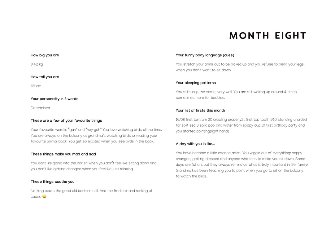 The Month Eight text page: weight, height, personality, favourite things, what makes the baby mad, what soothes them, body language, sleep, a list of firsts and a “day with you” story about a little escape artist.