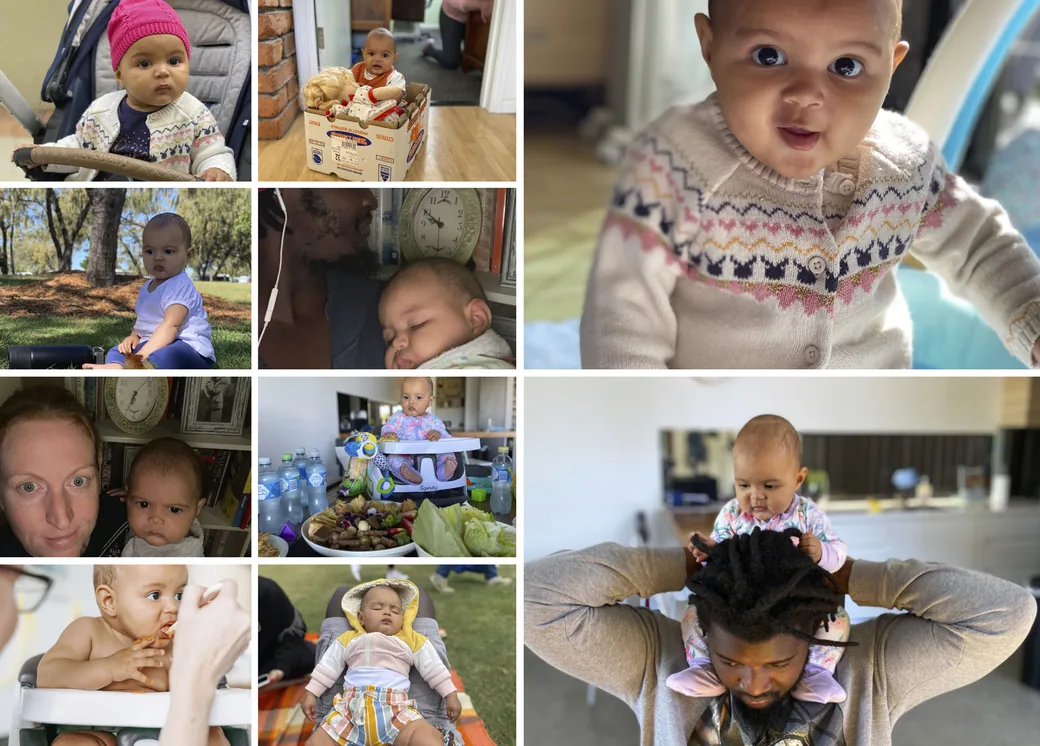 The Month Seven photo page: a grid of ten photos of the baby, including in a pram, in a cardboard box, sitting on the grass, asleep on dad, with mum, eating in a high chair and sitting on dad’s shoulders.