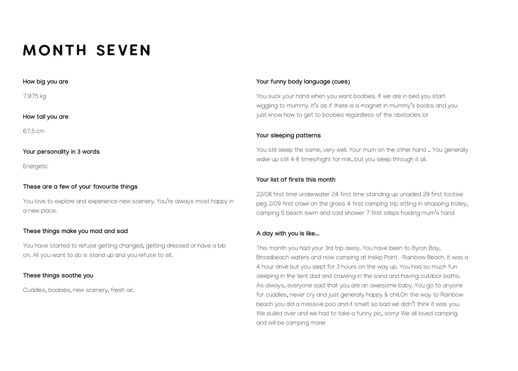 The Month Seven text page: weight, height, personality, favourite things, what makes the baby mad, what soothes them, body language, sleep, a list of firsts and a long “day with you” story about a camping trip.