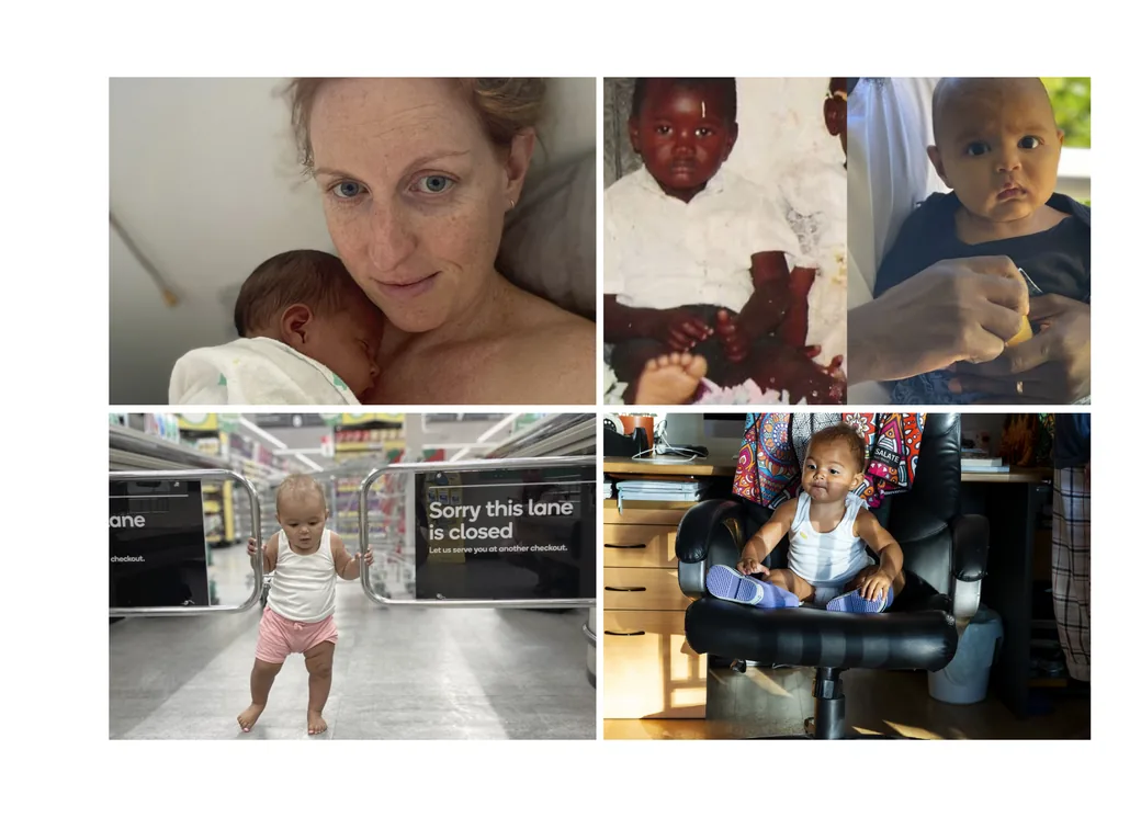 Four photos from the year: mum with her newborn asleep on her chest, a picture that puts an old childhood photo beside a photo of the baby, the baby walking through a supermarket checkout, and the baby sitting in a big black office chair.