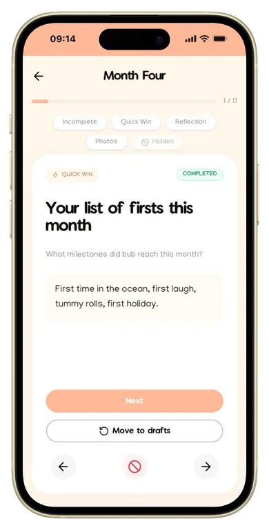 The Makia app on a phone, open to the Month Four prompt "Your list of firsts this month" with the answer written in
