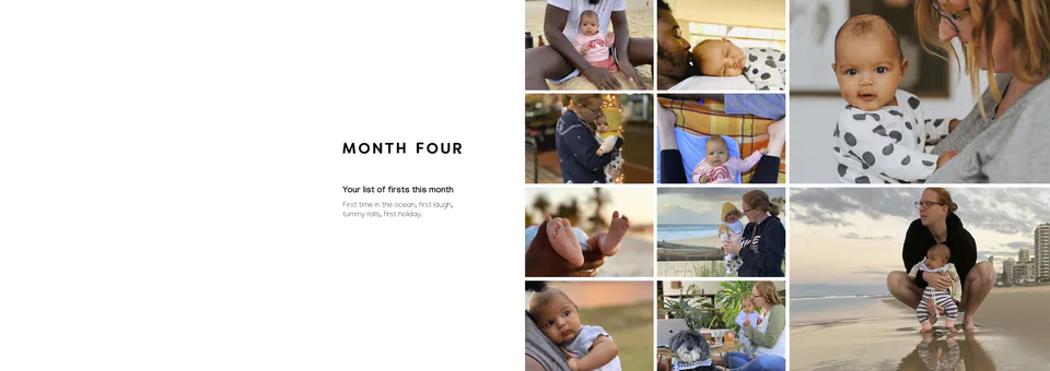 The same month as a designed journal spread: the list of firsts on the left page and the family's photographs on the right
