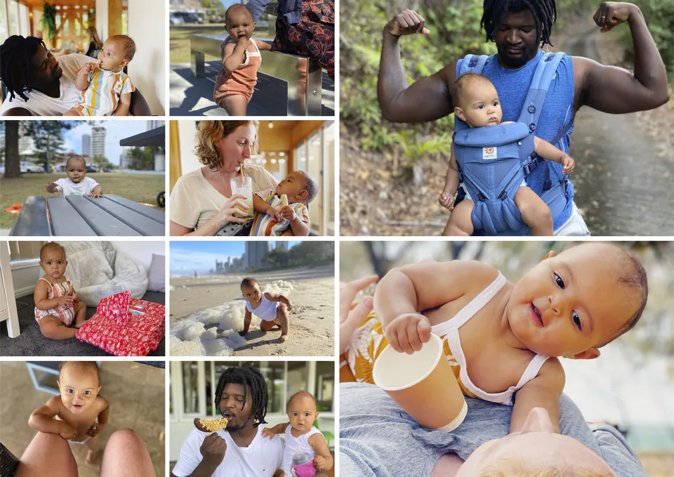 The Month 9 photo page from the same First Year Journal, a grid of photos of the baby with her parents: standing, crawling on the beach and playing