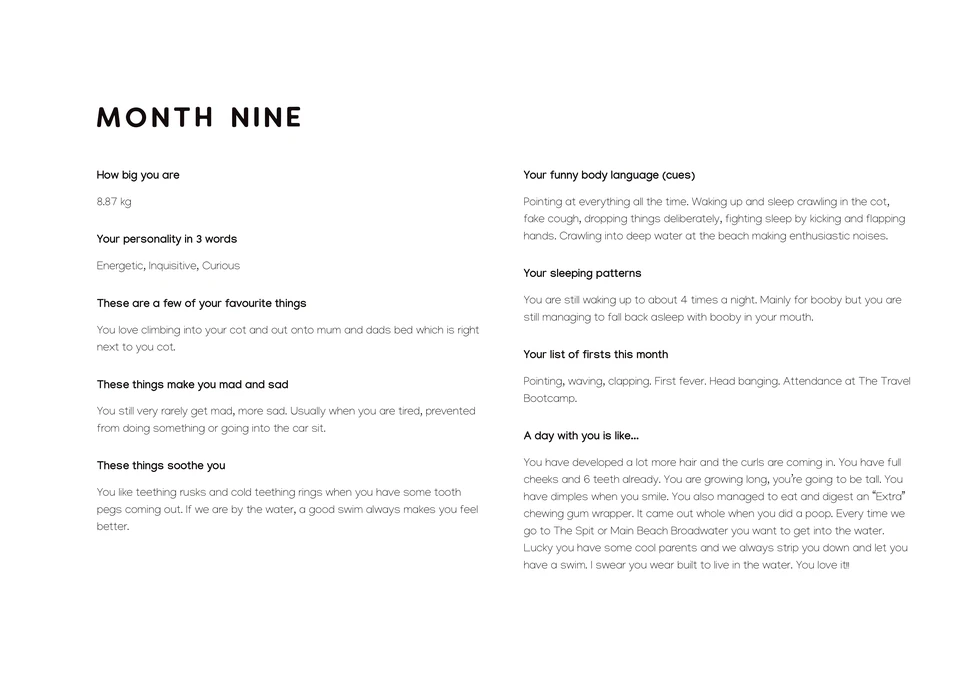 The Month 9 text page from a First Year Journal: answers about what soothes the baby, favourite things, funny body language, sleeping patterns and the list of firsts this month