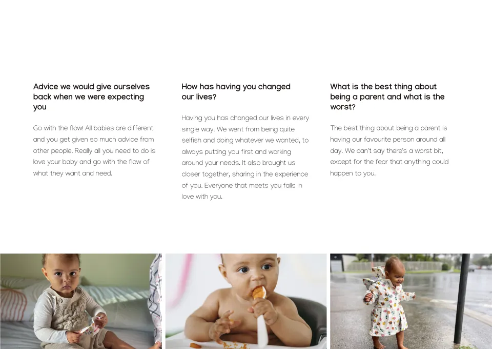A One Year On page from a First Year Journal: the parents' advice to themselves, how the baby changed their lives and the best thing about being a parent, above three photos from the first year