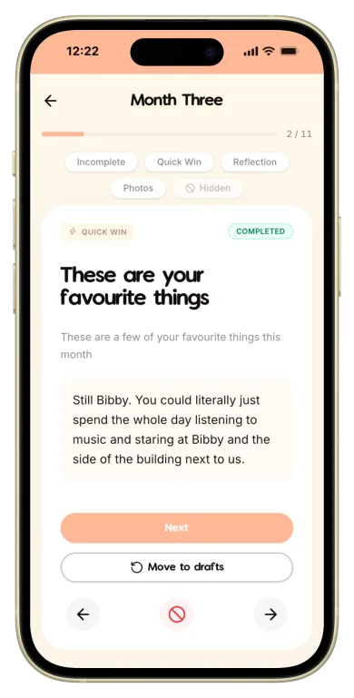 The Makia app open to the Month Three prompt "These are your favourite things", with the Still Bibby answer written in
