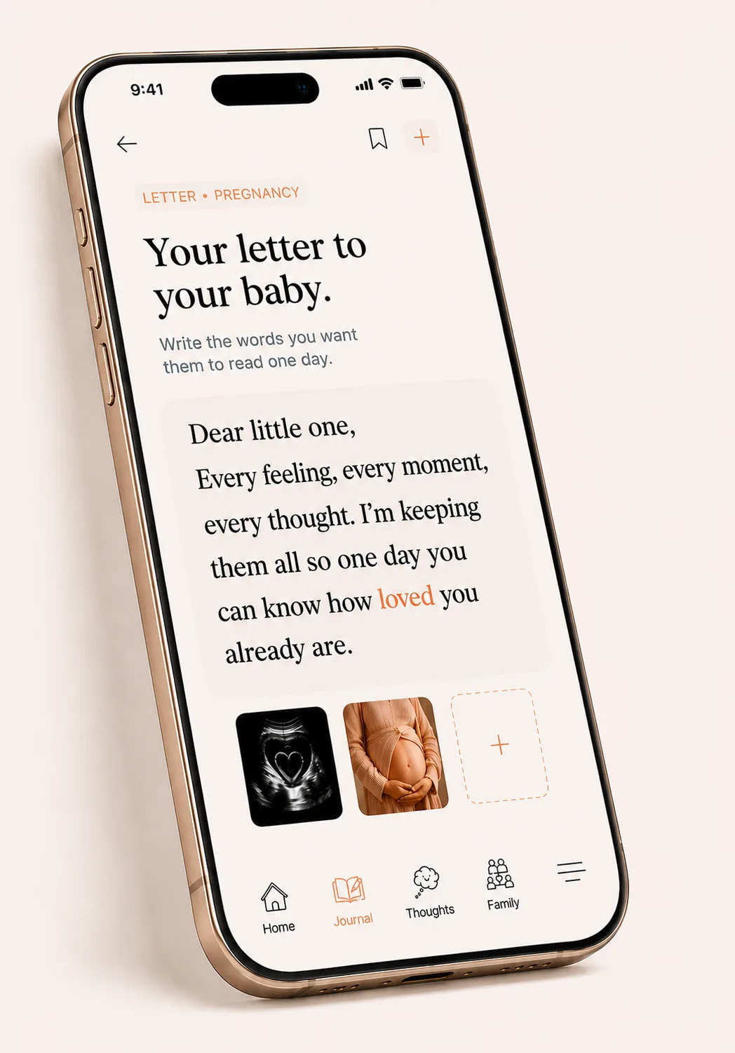 The Makia app open to a mother's letter to her unborn baby, an ultrasound and a bump photo saved beside it