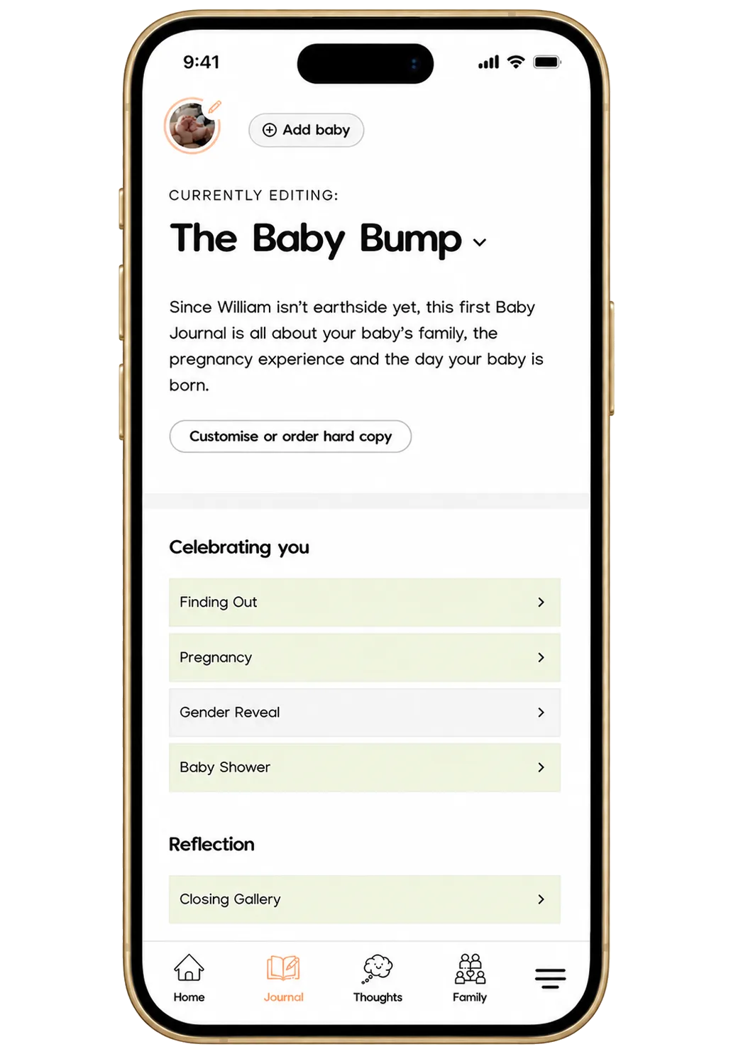 The Baby Bump Journal dashboard showing journal progress and navigation