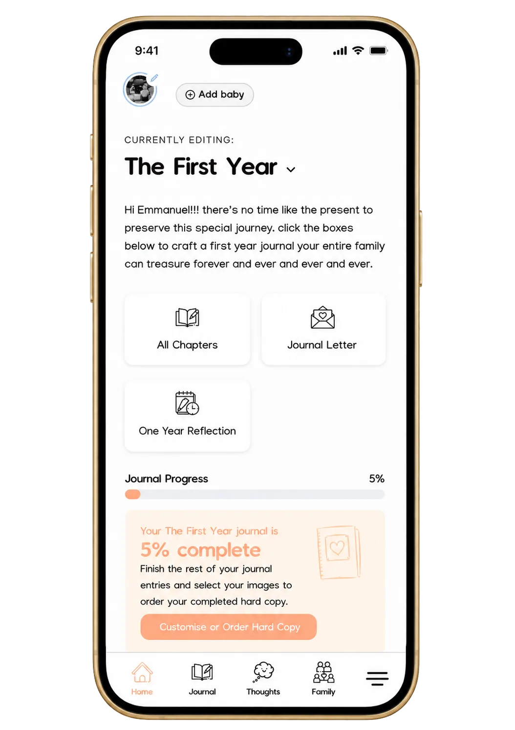 The First Year Journal dashboard showing journal progress and navigation
