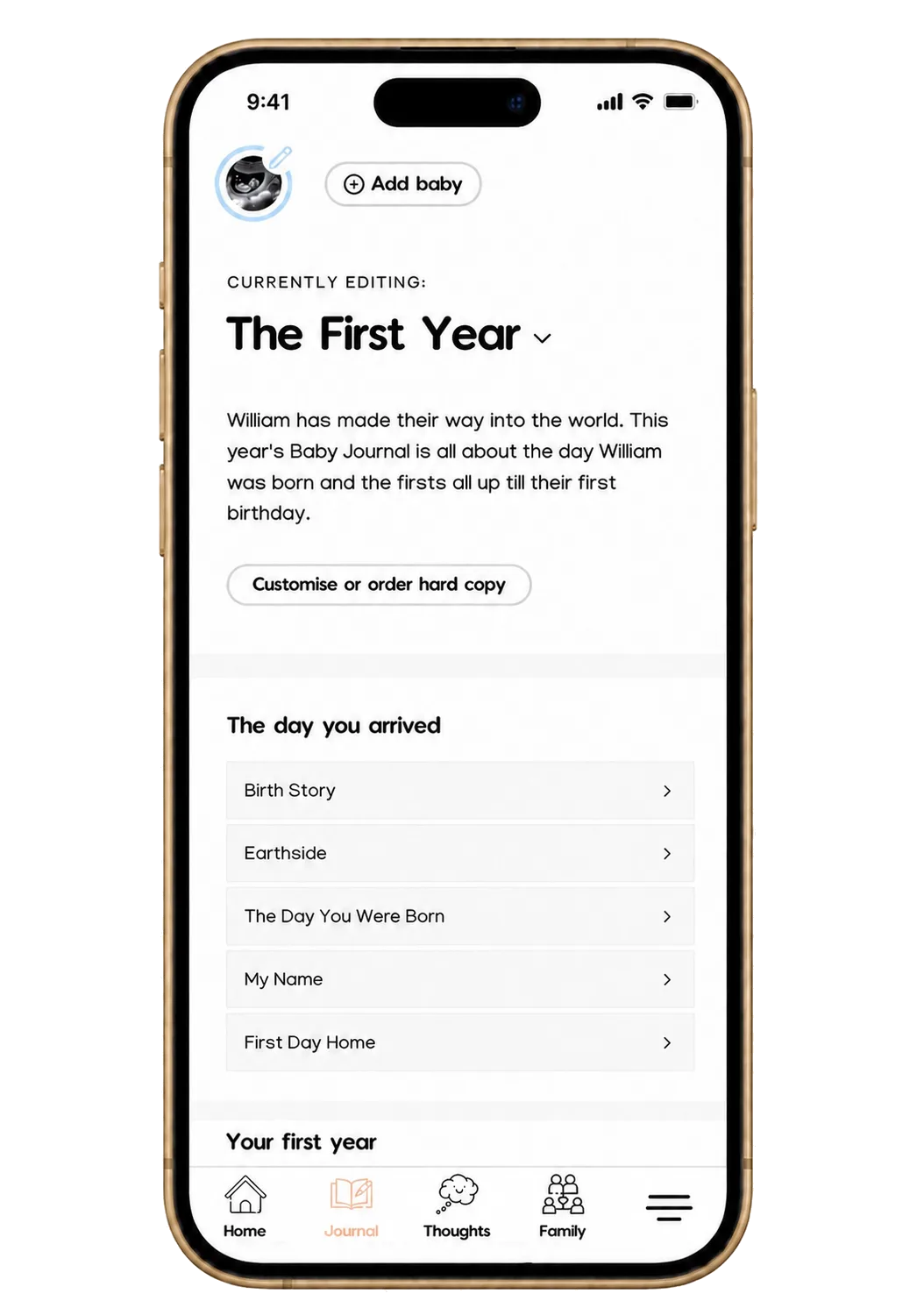 The First Year Journal chapter list including Birth Story and Earthside
