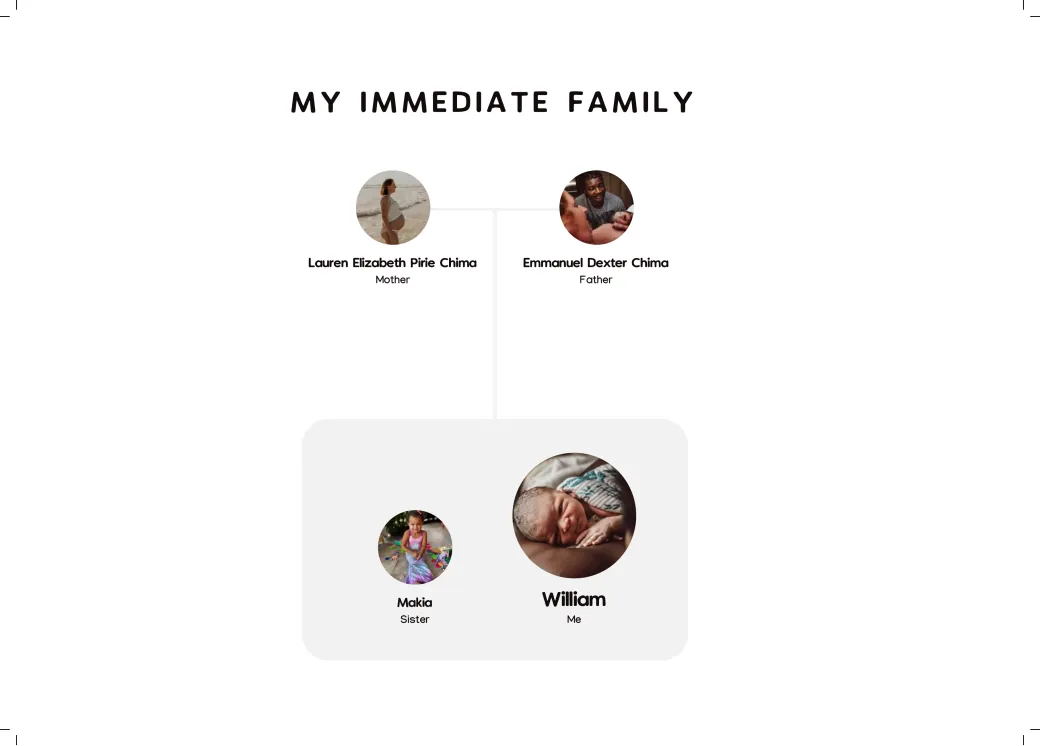 Family tree page with round photos of the parents, a big sister and the new baby.