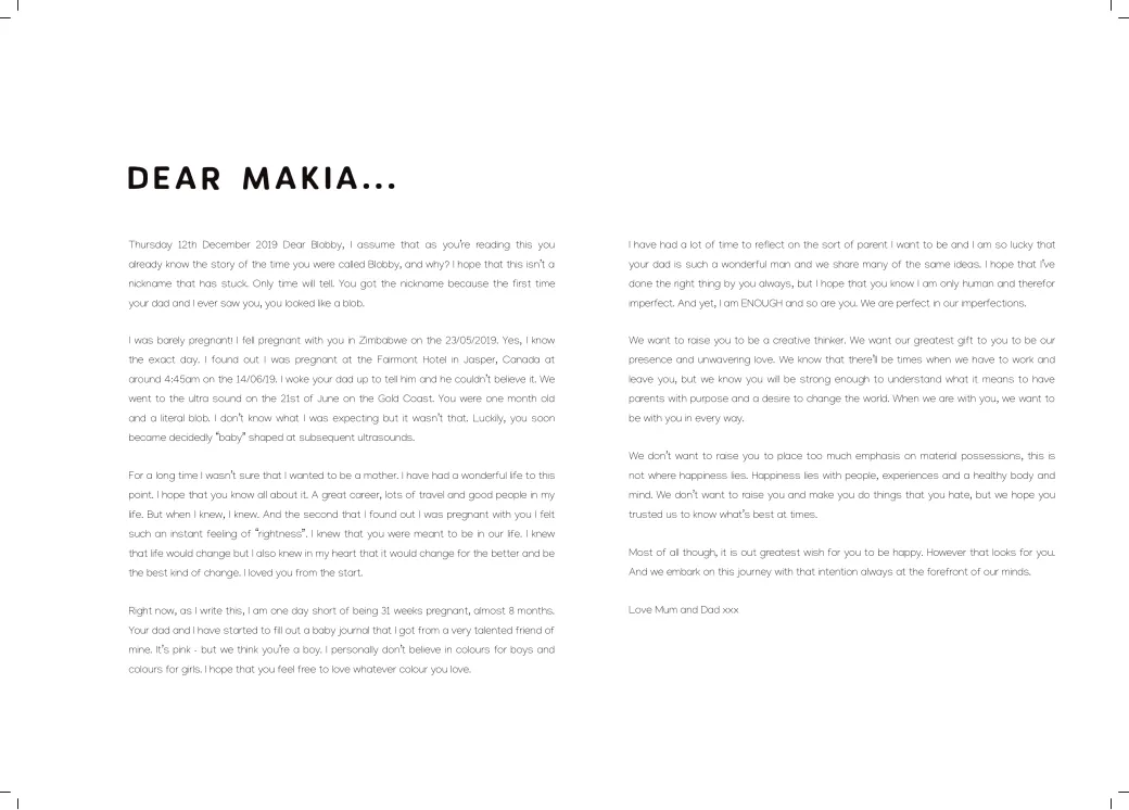 A two-column letter from the parents to their baby, headed “Dear Makia…”.