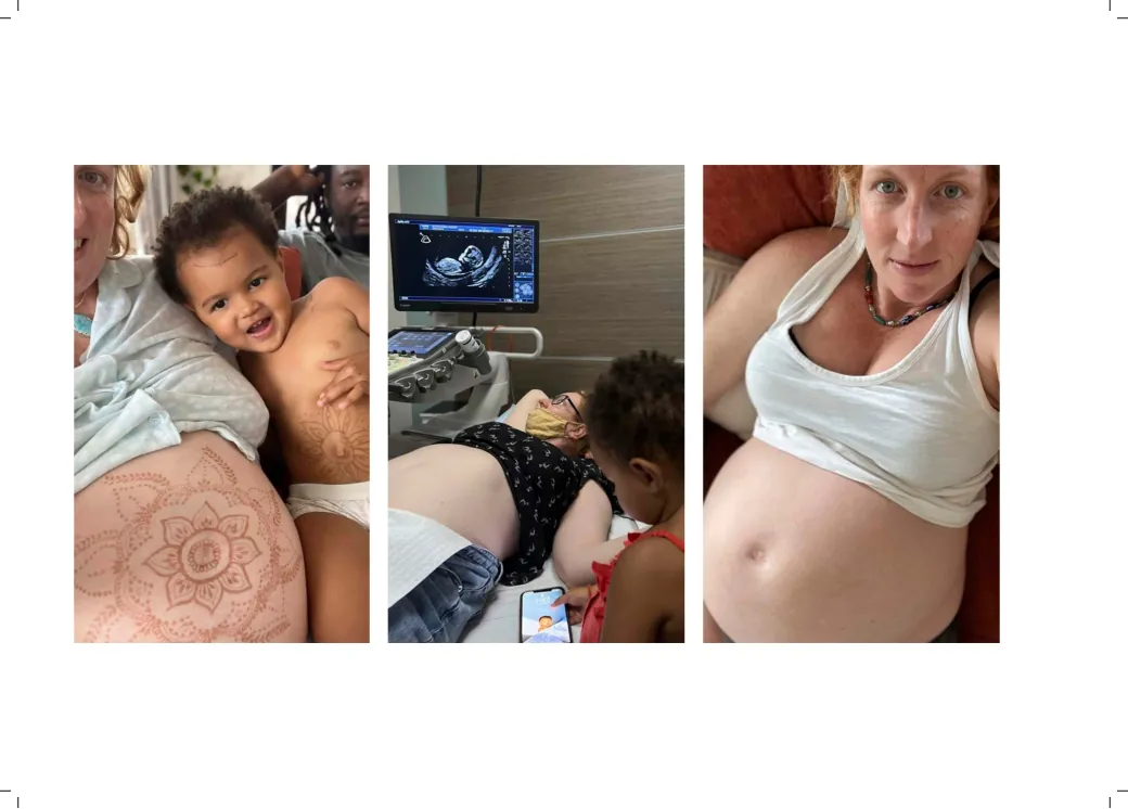 Three pregnancy photos side by side: a henna-painted bump, an ultrasound with a toddler watching, and a bump selfie.