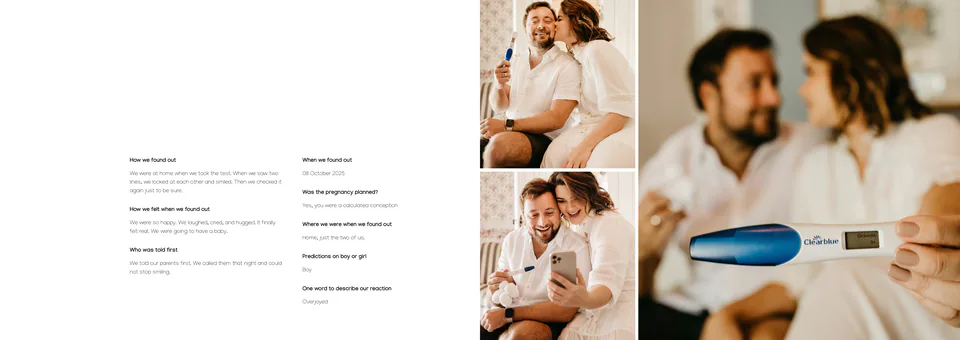 The same "How we found out" entry as a designed journal spread: the written answers on the left page and the couple's finding-out photographs on the right