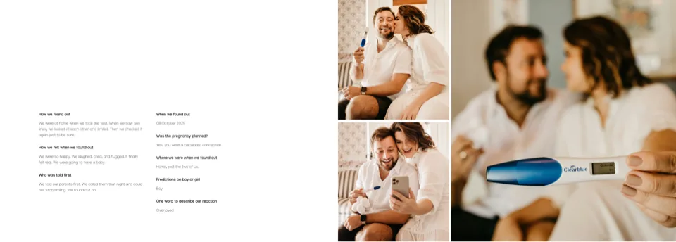 The same "How we found out" entry as a designed journal spread: the written answers on the left page and the couple's finding-out photographs on the right