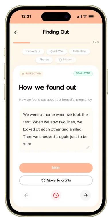 The Makia app on a phone, open to the Baby Bump Journal prompt "How we found out" with the answer written in