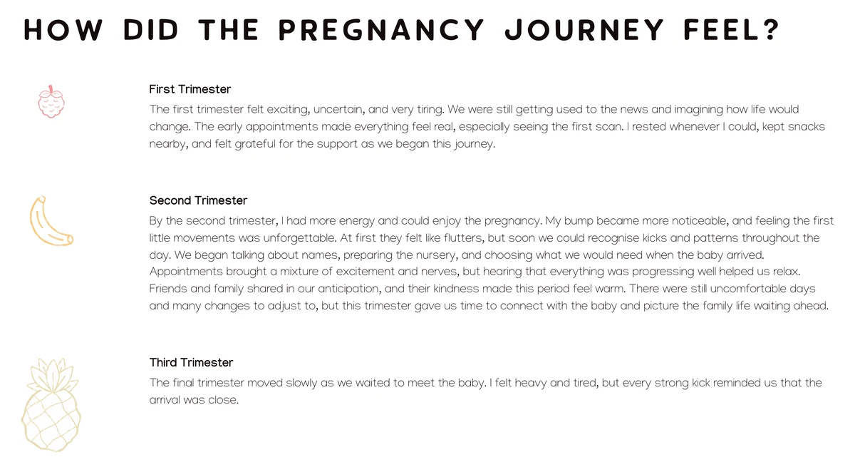 Example journal page titled “How did the pregnancy journey feel?”, with a written reflection for each trimester