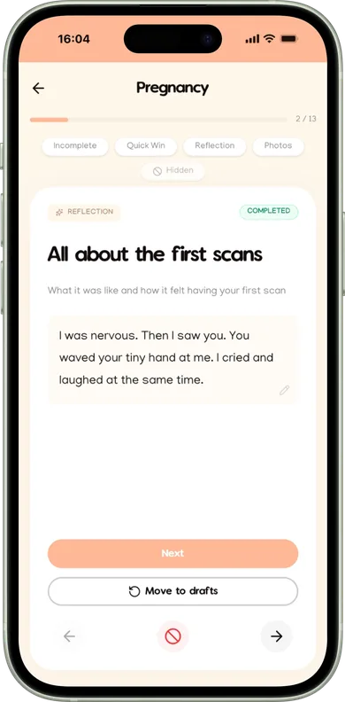 The Makia app open to the reflection "All about the first scans", with a few lines written about the scan