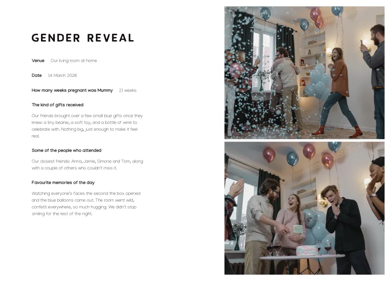 Journal page headed “Gender reveal” with the venue, date, gifts and favourite memories beside two more photos