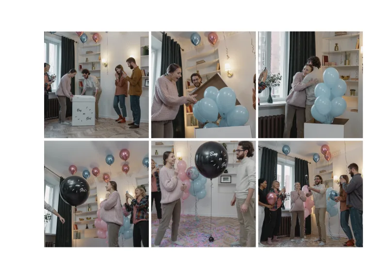 Journal page with six gender reveal photos, blue balloons rising from a box