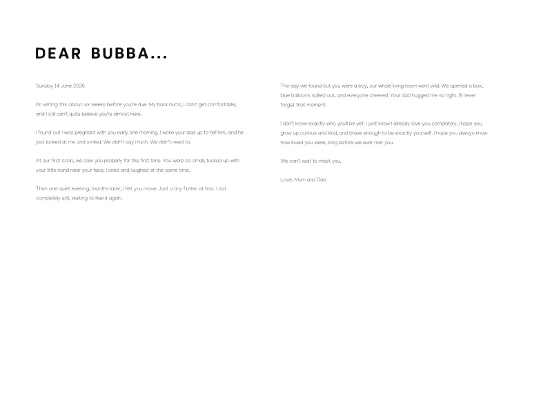 Journal page with a letter to the baby that begins “Dear Bubba…”