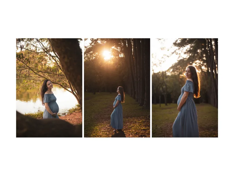 Journal page with three pregnancy photos of a mother in a blue dress among trees